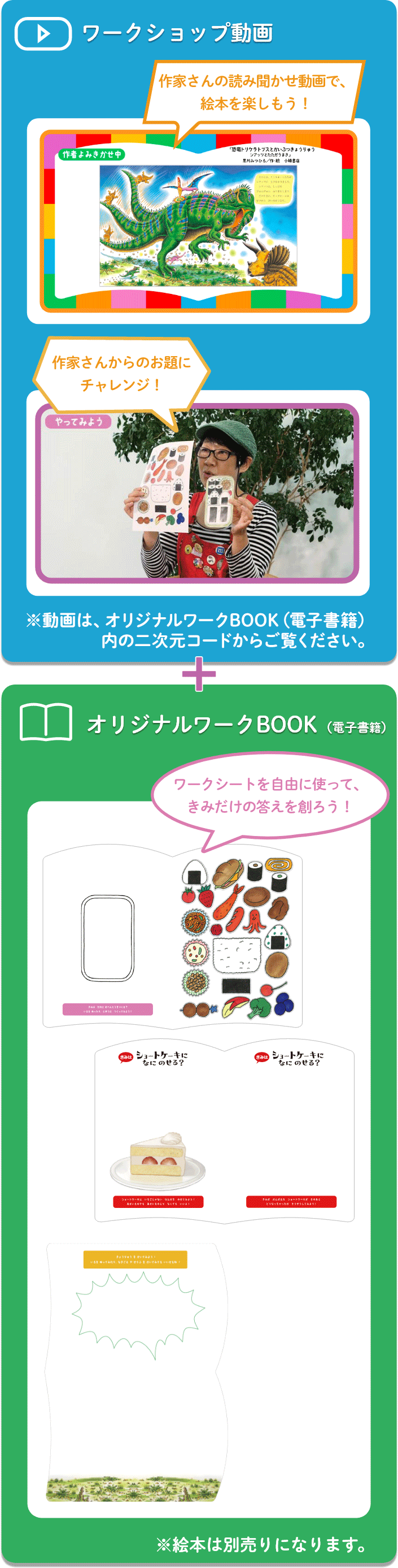 ワークショップ動画：作家さんの読み聞かせ動画で、絵本を楽しもう！作家さんからのお題にチャレンジ！※動画は、オリジナルワークBOOK（電子書籍）内の二次元コードからご覧ください。 オリジナルワークBOOK（電子書籍）：ワークシートを自由に使って、きみだけの答えを創ろう！※絵本は別売りになります。